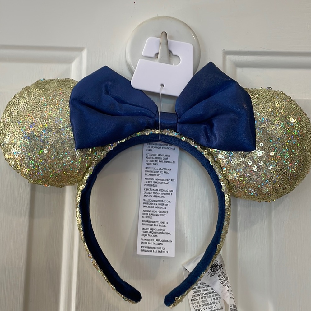 Disney Parks Minnie Ear Headband Gold/Blue Sparkle/Shimmer-NWT